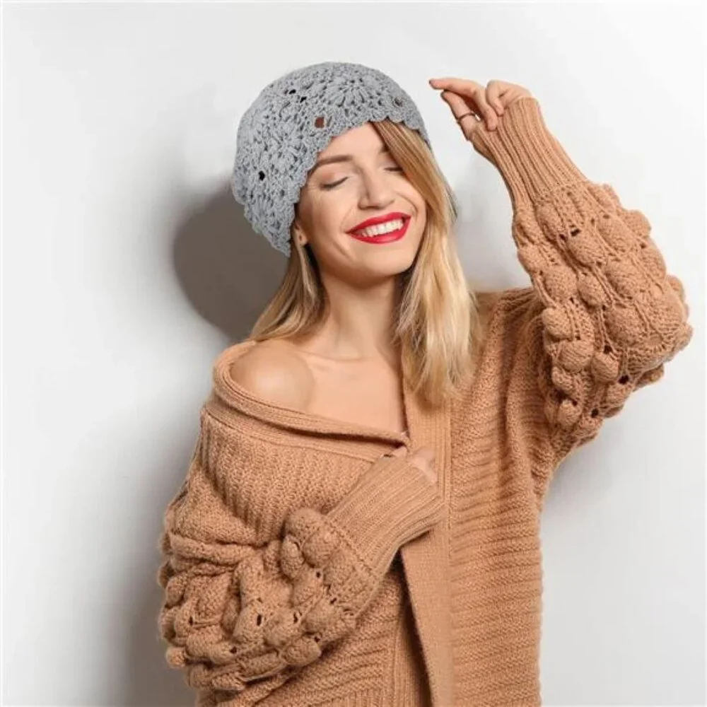 2 Pieces Floral Crochet Slouchy Beanie Hat Handmade Knit Cutout Women Floral - Picture 5 of 8